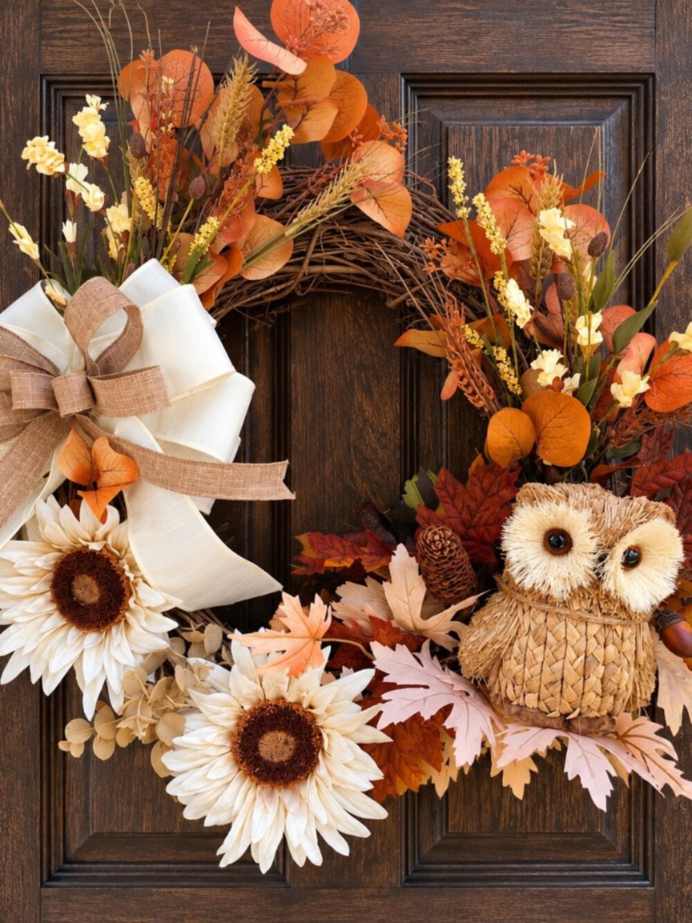 Owl Fall Wreath Handmade Sunflower Front Door Autumn Farmhouse Decor